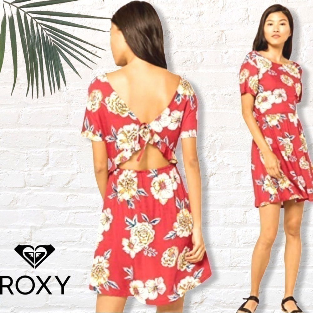 Roxy Hello Cilento Floral Fit & Flare Cut Out Dress Size Medium Deep Claret Red